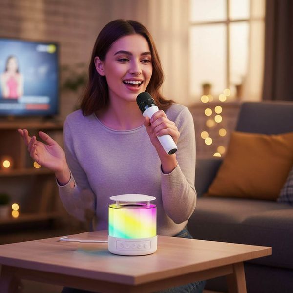 Портативная Bluetooth колонка с LED подсветкой и микрофоном, К19, Белый / Блютуз колонка караоке / Беспроводная колонка 23459155301 фото