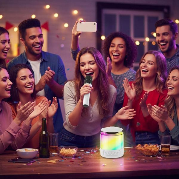Портативная Bluetooth колонка с LED подсветкой и микрофоном, К19, Белый / Блютуз колонка караоке / Беспроводная колонка 23459155301 фото